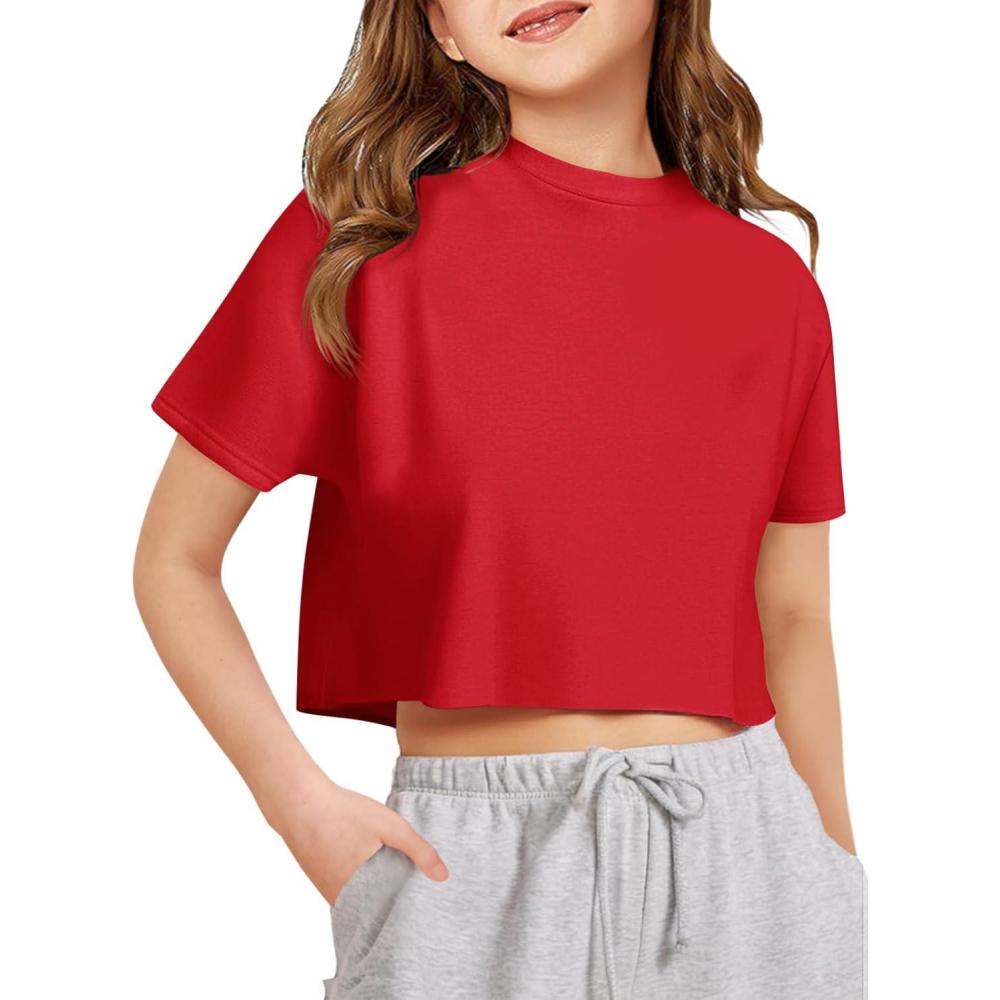 image:imageGirls Athletic Oversized Crop Tops Kids Drop Shoulder Short Sleeve T Shirts Workout Tees 514 YearsRed