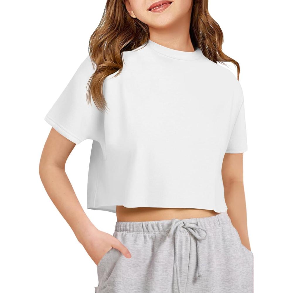 image:imageGirls Athletic Oversized Crop Tops Kids Drop Shoulder Short Sleeve T Shirts Workout Tees 514 YearsWhite