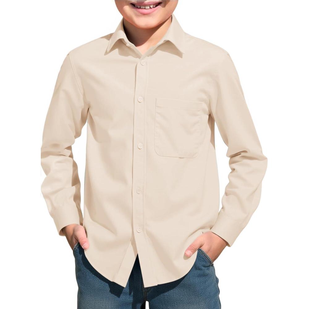 image:imageHaloumoning Boys Long Sleeve Dress Shirts Collared ButtonDown Shirt School Uniform Shirts with Chest Pocket 514 YearsBeige