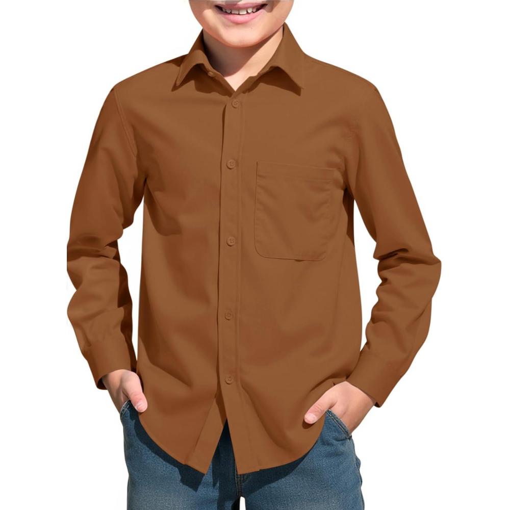 image:imageHaloumoning Boys Long Sleeve Dress Shirts Collared ButtonDown Shirt School Uniform Shirts with Chest Pocket 514 YearsBrown