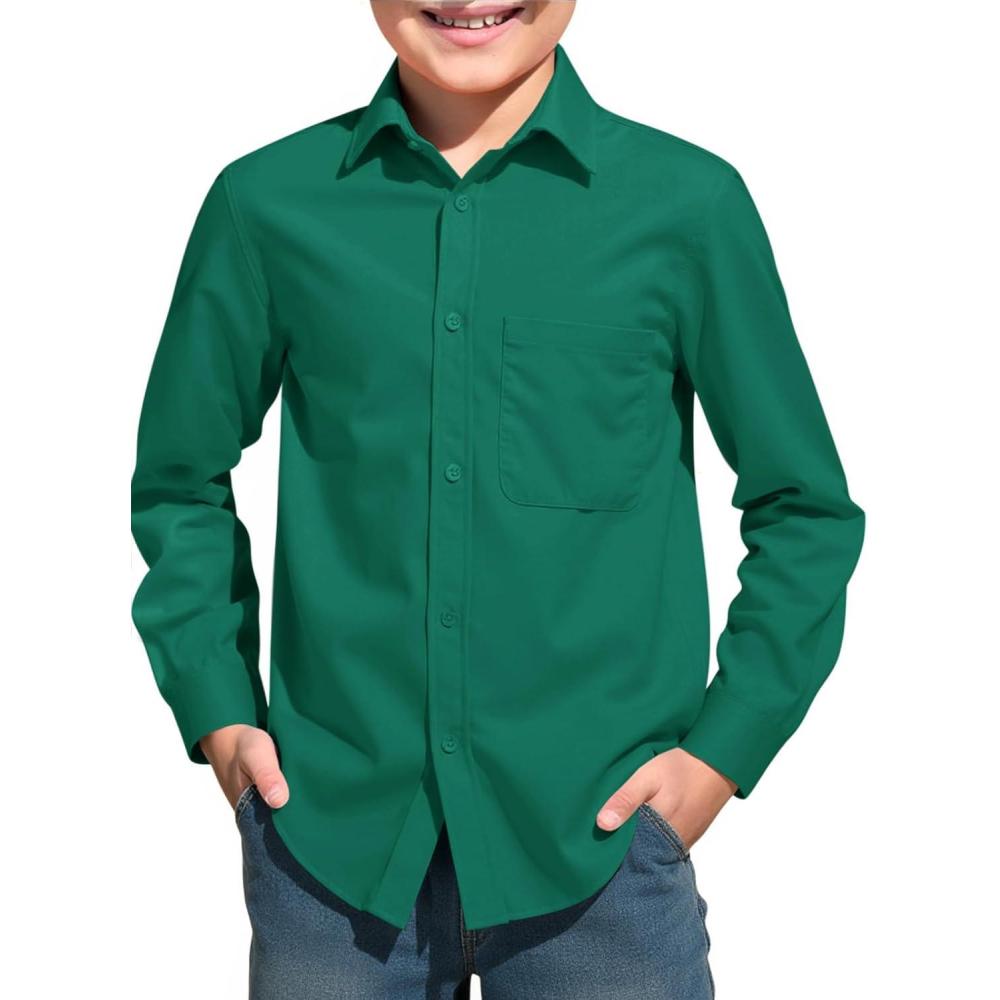image:imageHaloumoning Boys Long Sleeve Dress Shirts Collared ButtonDown Shirt School Uniform Shirts with Chest Pocket 514 YearsDark Green
