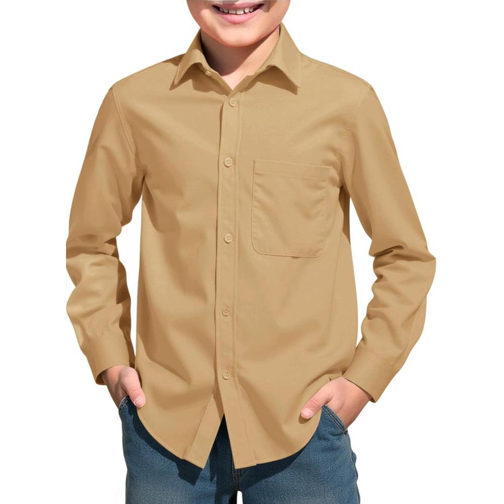 image:imageHaloumoning Boys Long Sleeve Dress Shirts Collared ButtonDown Shirt School Uniform Shirts with Chest Pocket 514 YearsKhaki