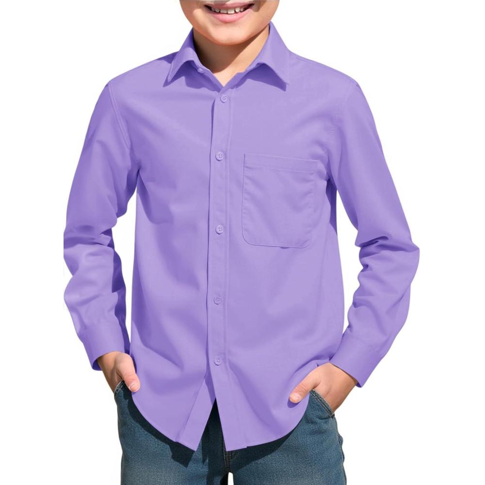 image:imageHaloumoning Boys Long Sleeve Dress Shirts Collared ButtonDown Shirt School Uniform Shirts with Chest Pocket 514 YearsPurple