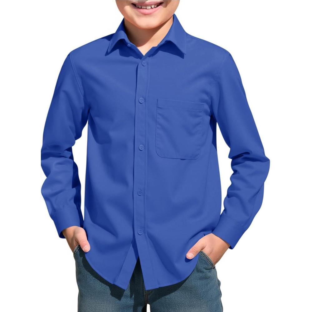 image:imageHaloumoning Boys Long Sleeve Dress Shirts Collared ButtonDown Shirt School Uniform Shirts with Chest Pocket 514 YearsRoyal Blue