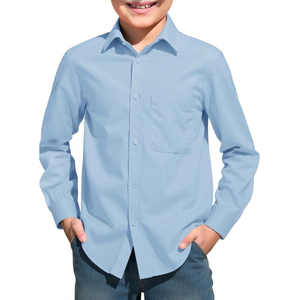 image:imageHaloumoning Boys Long Sleeve Dress Shirts Collared ButtonDown Shirt School Uniform Shirts with Chest Pocket 514 YearsSky Blue