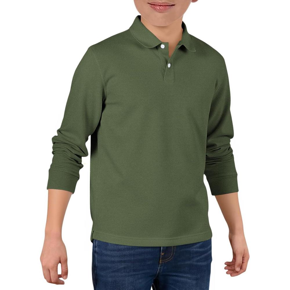 image:imageHaloumoning Boys Long Sleeve Pique Polo Shirts Kids School Uniform Shirt 514 YearsArmy Green