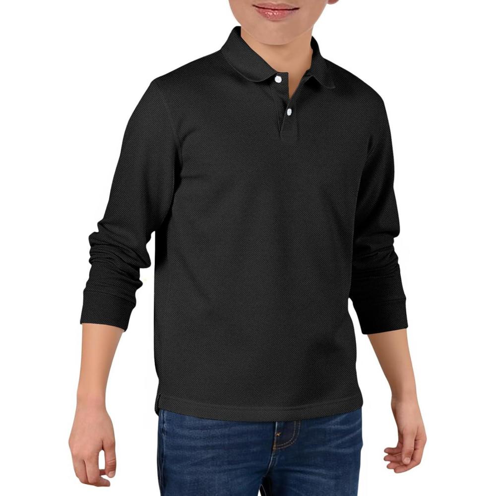 image:imageHaloumoning Boys Long Sleeve Pique Polo Shirts Kids School Uniform Shirt 514 YearsBlack