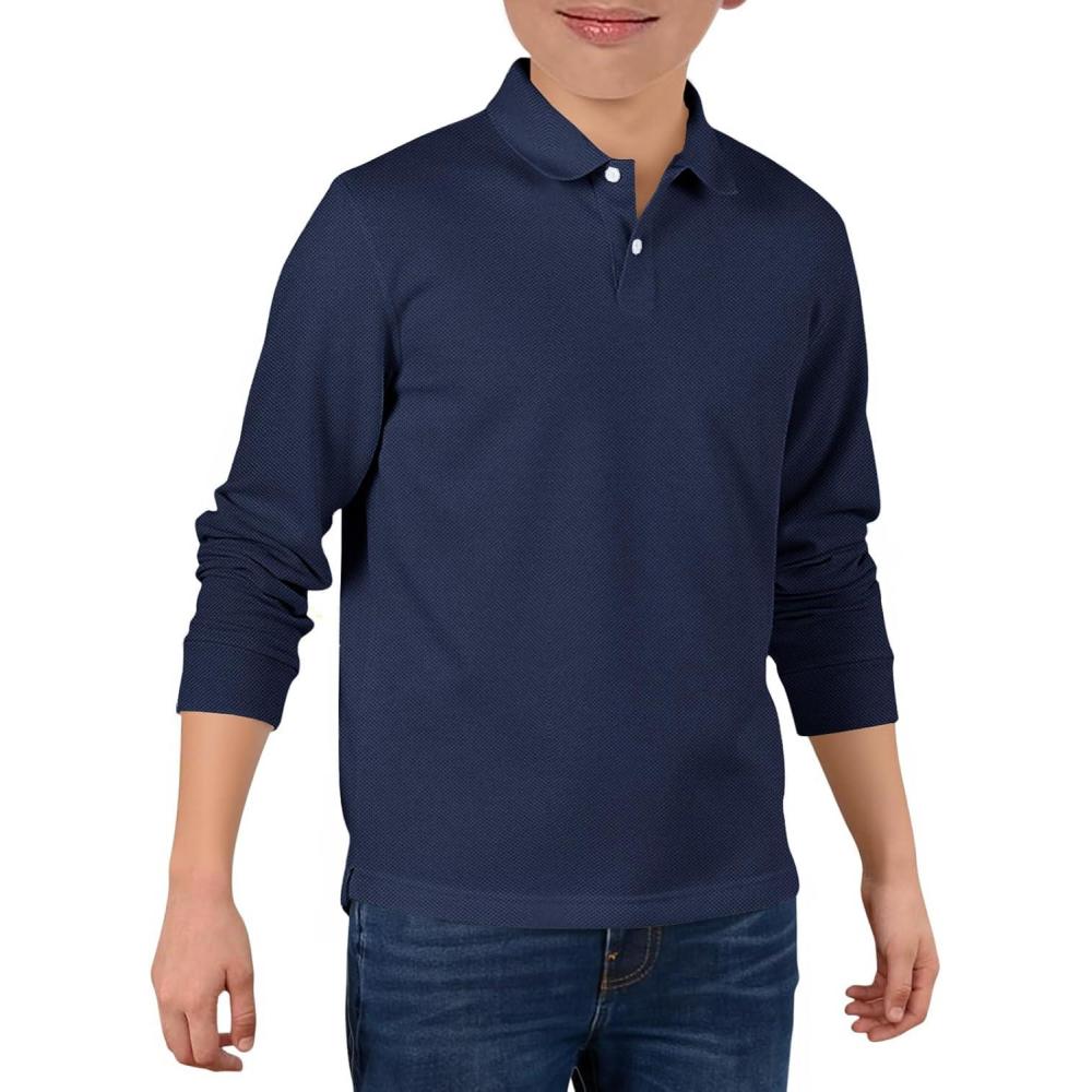 image:imageHaloumoning Boys Long Sleeve Pique Polo Shirts Kids School Uniform Shirt 514 YearsNavy Blue