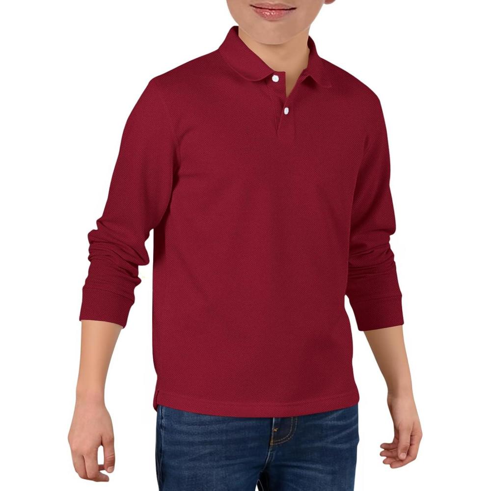 image:imageHaloumoning Boys Long Sleeve Pique Polo Shirts Kids School Uniform Shirt 514 YearsWine Red