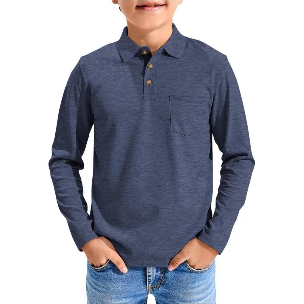 image:imageHaloumoning Boys Long Sleeve Polo Shirts Kids Casual Button School Uniform Shirts with Chest Pocket 514 YearsDark Blue