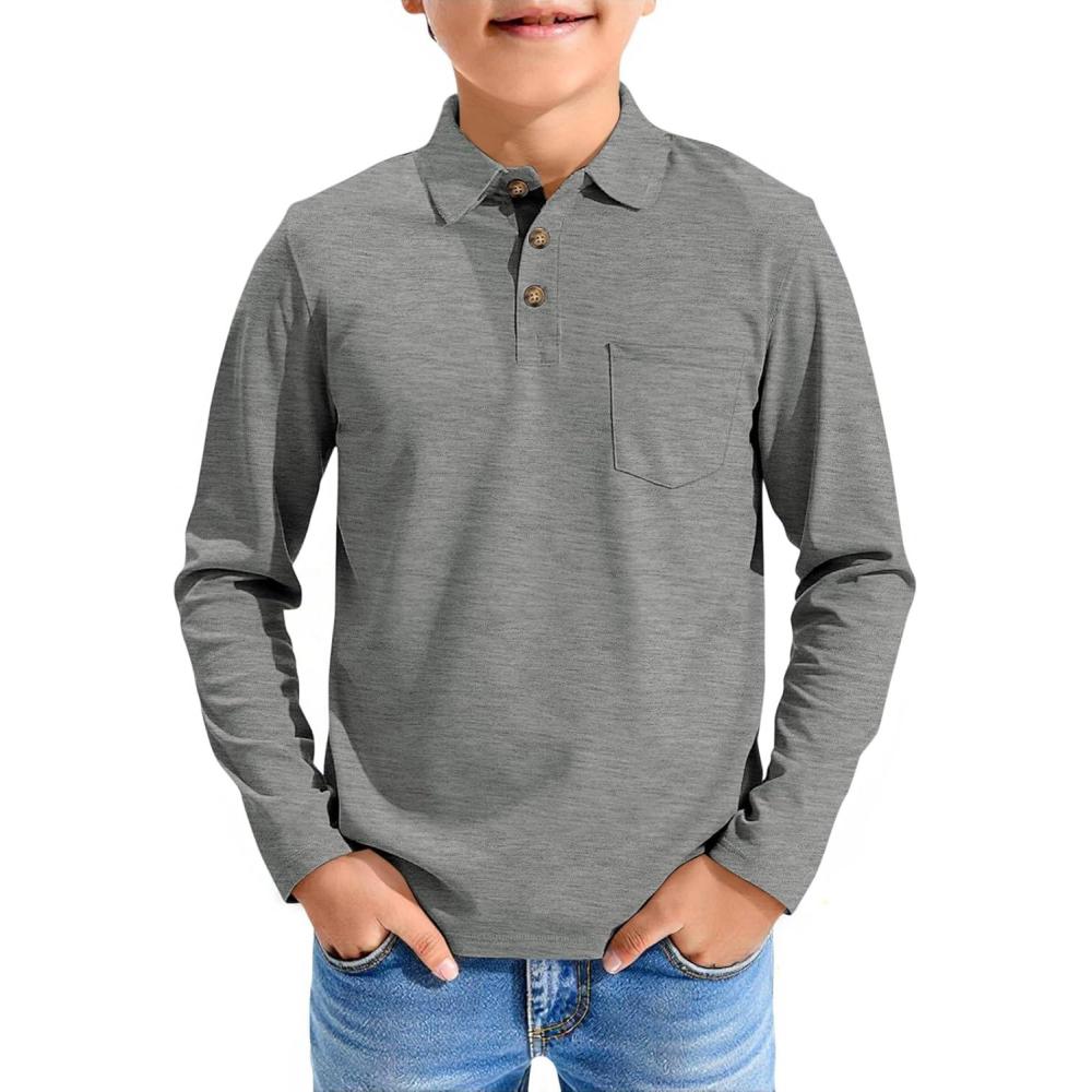 image:imageHaloumoning Boys Long Sleeve Polo Shirts Kids Casual Button School Uniform Shirts with Chest Pocket 514 YearsGray