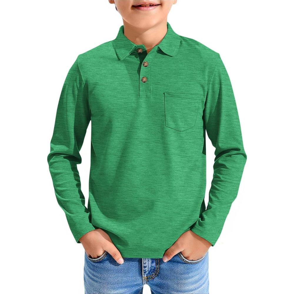 image:imageHaloumoning Boys Long Sleeve Polo Shirts Kids Casual Button School Uniform Shirts with Chest Pocket 514 YearsGreen