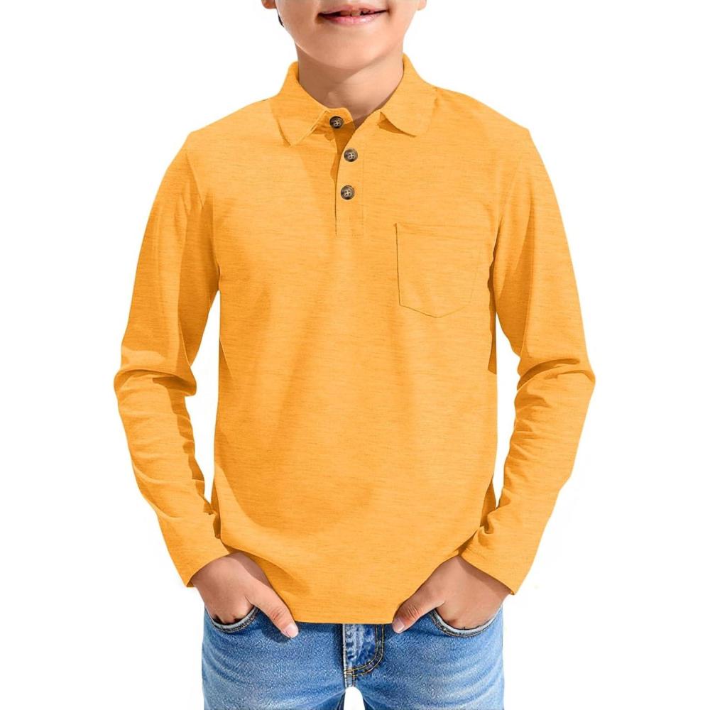 image:imageHaloumoning Boys Long Sleeve Polo Shirts Kids Casual Button School Uniform Shirts with Chest Pocket 514 YearsYellow