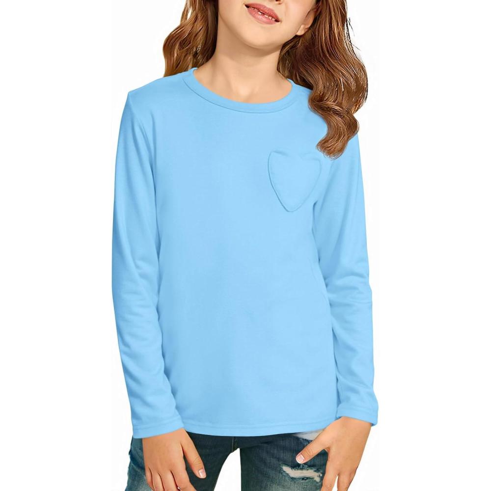 image:imageHaloumoning Girls Long Sleeve Heart Pocket TShirts Kids Cute Fall Tops Crewneck Basic Tees 514 YearsSky Blue