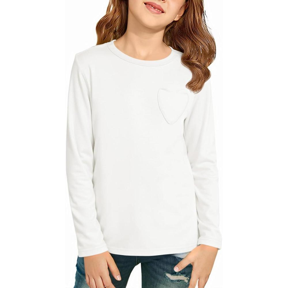 image:imageHaloumoning Girls Long Sleeve Heart Pocket TShirts Kids Cute Fall Tops Crewneck Basic Tees 514 YearsWhite