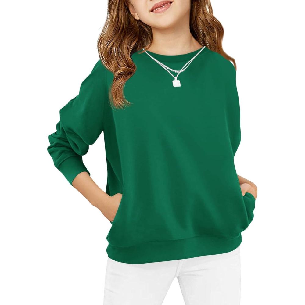image:imageHaloumoning Girls Long Sleeve Sweatshirts Kids Casual Crewneck Loose Fit Pullover with Pockets 514 YearsDark Green