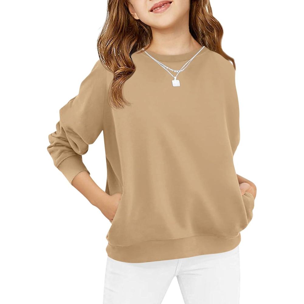image:imageHaloumoning Girls Long Sleeve Sweatshirts Kids Casual Crewneck Loose Fit Pullover with Pockets 514 YearsKhaki