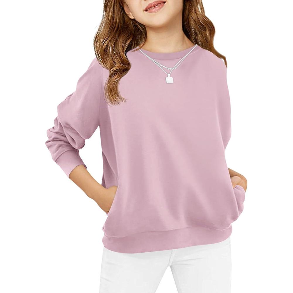image:imageHaloumoning Girls Long Sleeve Sweatshirts Kids Casual Crewneck Loose Fit Pullover with Pockets 514 YearsPinkish Purple