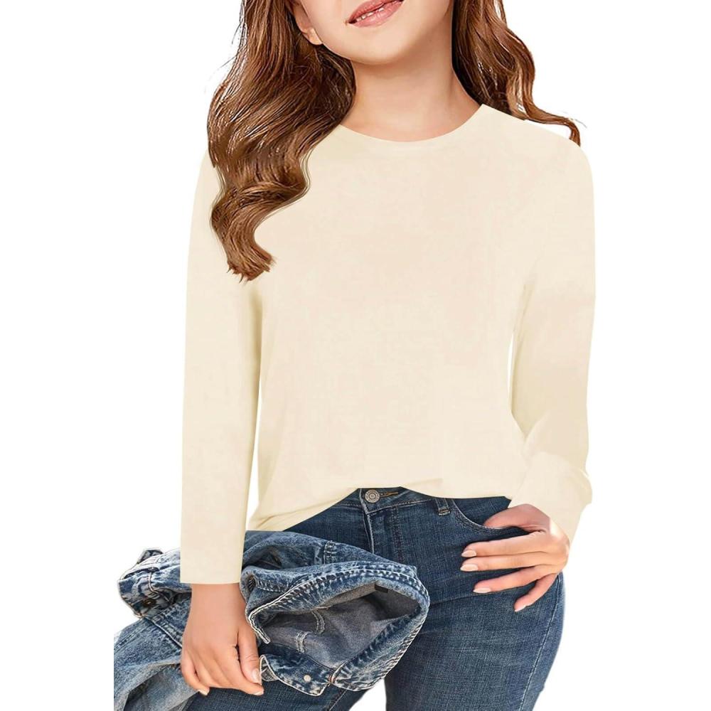 image:imageHaloumoning Girls Long Sleeve T Shirts Kids Fall Tops Crewneck Basic Tees 514YBeige