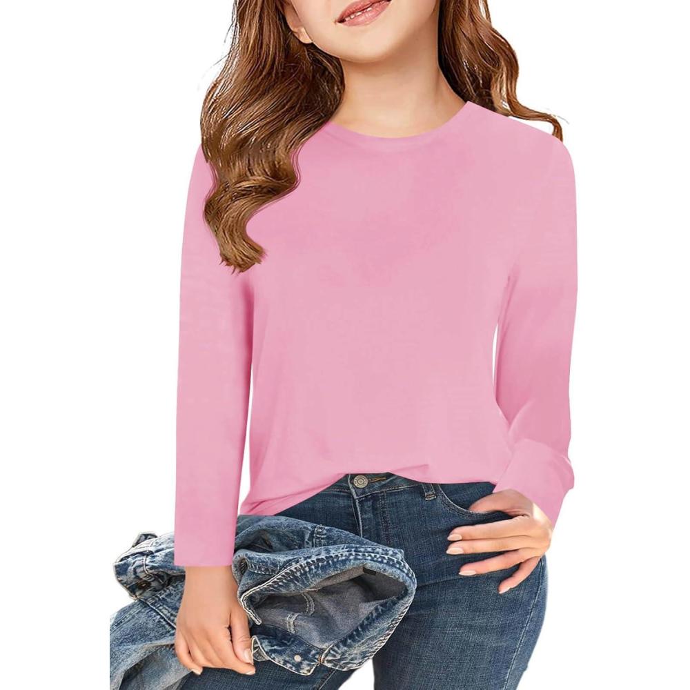 image:imageHaloumoning Girls Long Sleeve T Shirts Kids Fall Tops Crewneck Basic Tees 514YPink