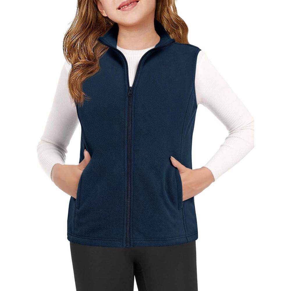 image:imageHaloumoning Girls Polar Fleece Zipper Vest Kids Sleeveless Stand Collar Jacket with Pockets 514 YearsDark Blue