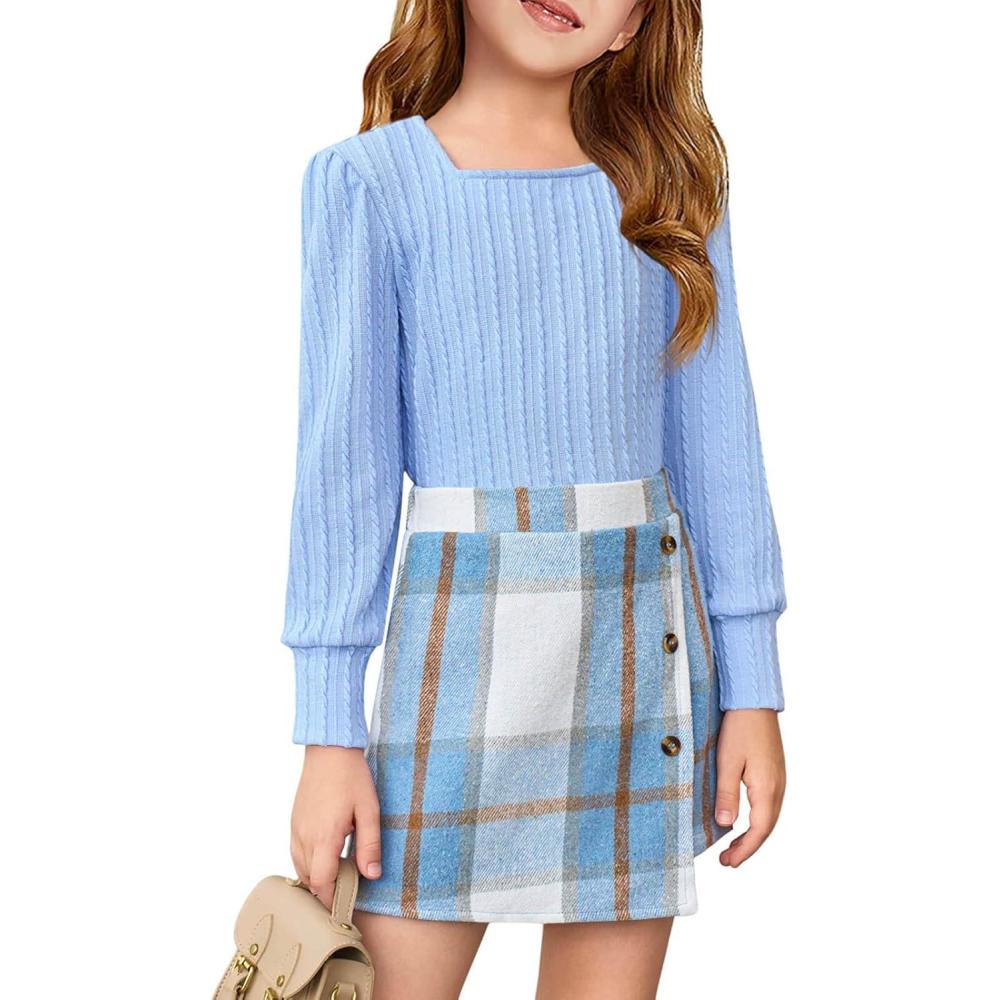 image:imageHaloumoning Girls Skirt Sets Fall Outfits Jacquard Long Sleeve Tops Plaid Skirts Shorts 2 Piece Clothing Sets 412YSky Blue  Blue Plaid