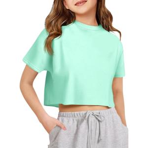 Girls Athletic Oversized Crop Tops Kids Drop Shoulder Short Sleeve T Shirts Workout Tees 5-14 Years(Blue Green)