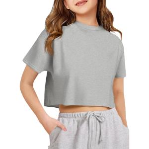 Girls Athletic Oversized Crop Tops Kids Drop Shoulder Short Sleeve T Shirts Workout Tees 5-14 Years(Grey)