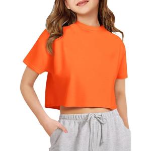 Girls Athletic Oversized Crop Tops Kids Drop Shoulder Short Sleeve T Shirts Workout Tees 5-14 Years(Orange)