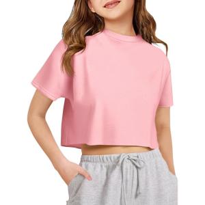 Girls Athletic Oversized Crop Tops Kids Drop Shoulder Short Sleeve T Shirts Workout Tees 5-14 Years(Pink)
