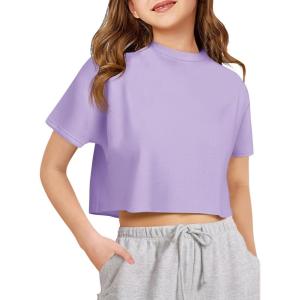 Girls Athletic Oversized Crop Tops Kids Drop Shoulder Short Sleeve T Shirts Workout Tees 5-14 Years(Purple)