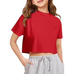 Girls Athletic Oversized Crop Tops Kids Drop Shoulder Short Sleeve T Shirts Workout Tees 5-14 Years(Red)