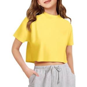 Girls Athletic Oversized Crop Tops Kids Drop Shoulder Short Sleeve T Shirts Workout Tees 5-14 Years(Yellow)