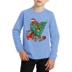 Haloumoning Boys Christmas Long Sleeve T Shirts Kids Ugly Xmas Tree Print Crewneck Tops Tees 5-14Y(Blue)