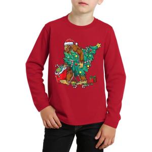Haloumoning Boys Christmas Long Sleeve T Shirts Kids Ugly Xmas Tree Print Crewneck Tops Tees 5-14Y(Red)