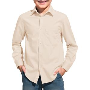 Haloumoning Boys Long Sleeve Dress Shirts Collared Button-Down Shirt School Uniform Shirts with Chest Pocket 5-14 Years(Beige)