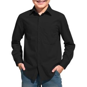 Haloumoning Boys Long Sleeve Dress Shirts Collared Button-Down Shirt School Uniform Shirts with Chest Pocket 5-14 Years(Black)