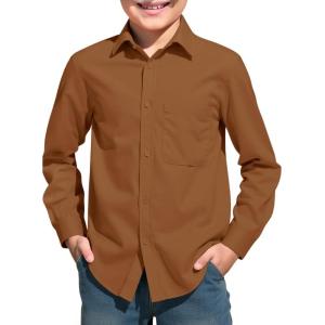 Haloumoning Boys Long Sleeve Dress Shirts Collared Button-Down Shirt School Uniform Shirts with Chest Pocket 5-14 Years(Brown)