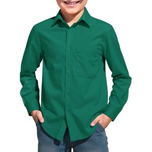 Haloumoning Boys Long Sleeve Dress Shirts Collared Button-Down Shirt School Uniform Shirts with Chest Pocket 5-14 Years(Dark Green)
