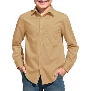 Haloumoning Boys Long Sleeve Dress Shirts Collared Button-Down Shirt School Uniform Shirts with Chest Pocket 5-14 Years(Khaki)