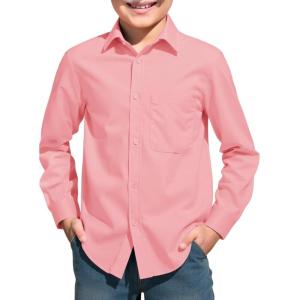 Haloumoning Boys Long Sleeve Dress Shirts Collared Button-Down Shirt School Uniform Shirts with Chest Pocket 5-14 Years(Pink)