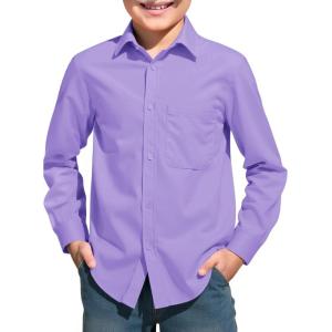 Haloumoning Boys Long Sleeve Dress Shirts Collared Button-Down Shirt School Uniform Shirts with Chest Pocket 5-14 Years(Purple)
