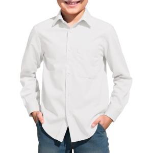 Haloumoning Boys Long Sleeve Dress Shirts Collared Button-Down Shirt School Uniform Shirts with Chest Pocket 5-14 Years(White)