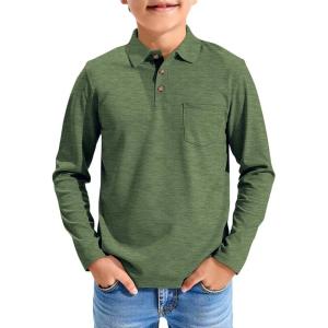 Haloumoning Boys Long Sleeve Polo Shirts Kids Casual Button School Uniform Shirts with Chest Pocket 5-14 Years(Army Green)