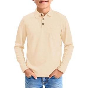 Haloumoning Boys Long Sleeve Polo Shirts Kids Casual Button School Uniform Shirts with Chest Pocket 5-14 Years(Beige)