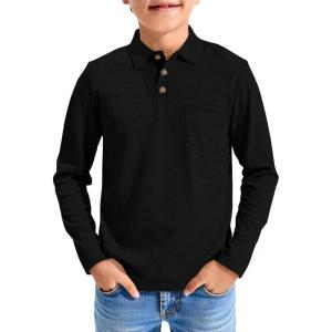Haloumoning Boys Long Sleeve Polo Shirts Kids Casual Button School Uniform Shirts with Chest Pocket 5-14 Years(Black)