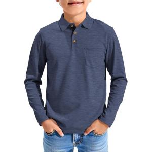 Haloumoning Boys Long Sleeve Polo Shirts Kids Casual Button School Uniform Shirts with Chest Pocket 5-14 Years(Dark Blue)