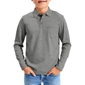Haloumoning Boys Long Sleeve Polo Shirts Kids Casual Button School Uniform Shirts with Chest Pocket 5-14 Years(Gray)