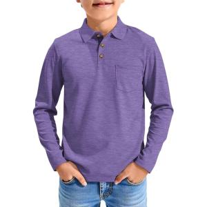 Haloumoning Boys Long Sleeve Polo Shirts Kids Casual Button School Uniform Shirts with Chest Pocket 5-14 Years(Purple)