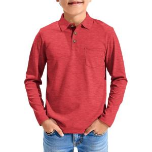 Haloumoning Boys Long Sleeve Polo Shirts Kids Casual Button School Uniform Shirts with Chest Pocket 5-14 Years(Red)
